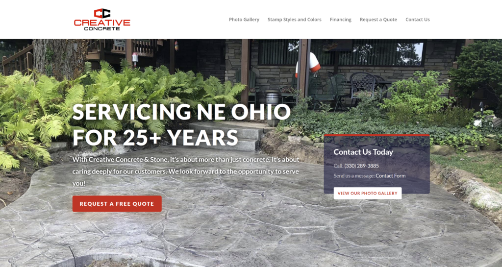 Picture of the Creative Concrete website home page. This website was developed by Mosaic eMarketing, a website development agency. 