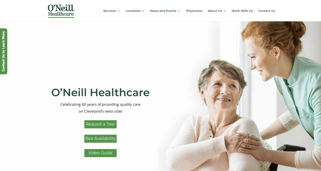 Picture of the O'Neill Healthcare website home page. This website was developed by Mosaic eMarketing, which offers web development services. 